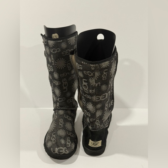 UGG Australia Tall Logo Knit Button Boots Women’s 8 Black Gray Shearling - Picture 12 of 14